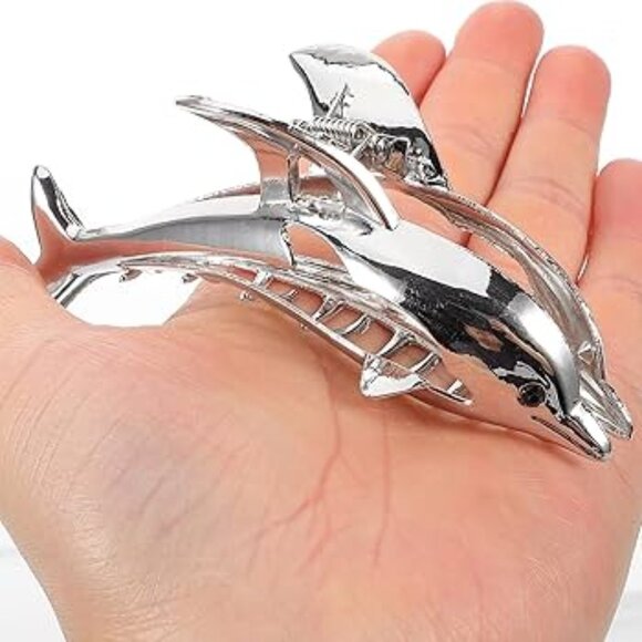 Dolphin Silver Hair Claw Animal Metal Kawaii Cartoon Clip Strong Clamp - Picture 3 of 6